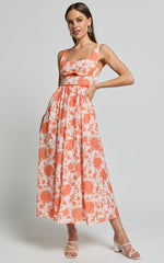 Chira Midi Dress - Front Cut Out Thigh Split Dress in Orange Floral