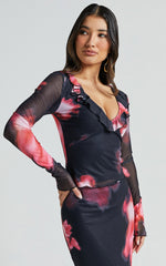 Chrishelle Top - Long Sleeve Frill Detail Mesh Top in Daze Print
