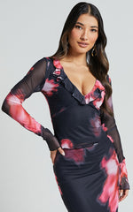 Chrishelle Top - Long Sleeve Frill Detail Mesh Top in Daze Print