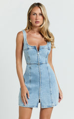 Chrysoula Mini Dress - Square Neck Zip Front Sleeveless Bodycon Denim in Light Blue Wash