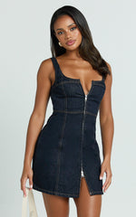 Chrysoula Mini Dress - Square Neck Zip Front Sleeveless Bodycon Denim in Raw Denim with Tobacco Stitch