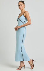 Ciara Midi Dress - V Neck Sleeveless Slip Dress in Blue
