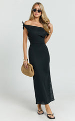 Cincinnati Midi Dress - Off The Shoulder Side Split Column Linen Dress in Black