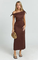 Cincinnati Midi Dress - Off The Shoulder Side Split Column Linen Dress in Chocolate