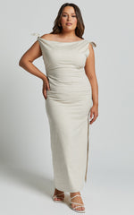Cincinnati Midi Dress - Off The Shoulder Side Split Column Linen Dress in Beige