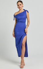 Cincinnati Midi Dress - Off The Shoulder Side Split Column Linen Dress in Cobalt