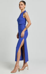 Cincinnati Midi Dress - Off The Shoulder Side Split Column Linen Dress in Cobalt