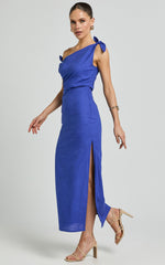 Cincinnati Midi Dress - Off The Shoulder Side Split Column Linen Dress in Cobalt