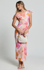 Cincinnati Midi Dress - Off The Shoulder Side Split Column Linen Look Dress in Pink Blur Floral