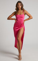 Cirilla Midi Dress - Thigh Split Corset Panelled Dress in Pink