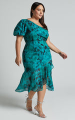 Clabelle Midi Dress - One Shoulder Ruffle Tulip Hem Dress in Emerald Blur Floral