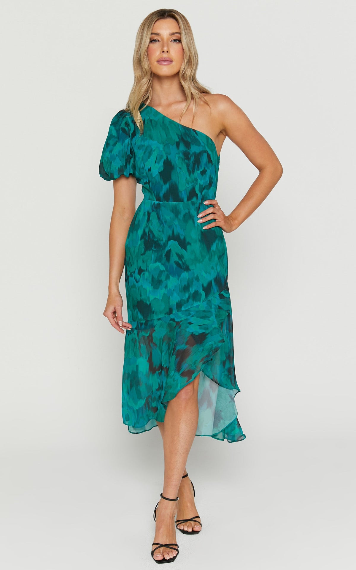 Clabelle Midi Dress - One Shoulder Ruffle Tulip Hem Dress in Emerald Blur Floral