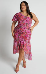 Clabelle Midi Dress - One Shoulder Ruffle Tulip Hem Dress in Violette Blur Floral