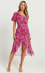 Clabelle Midi Dress - One Shoulder Ruffle Tulip Hem Dress in Violette Blur Floral