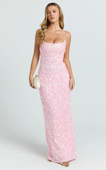 Clara Maxi Dress - Scoop Neck Tie Back Fitted Sequin Dress in Pink