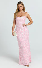 Clara Maxi Dress - Scoop Neck Tie Back Fitted Sequin Dress in Pink