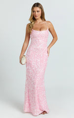 Clara Maxi Dress - Scoop Neck Tie Back Fitted Sequin Dress in Pink
