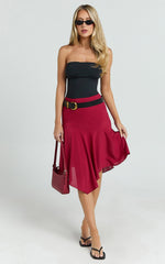 Clare Midi Skirt - Mid Waisted Asymmetric Bias Cut Slip Skirt in Cherry Red