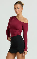 Clarence Top - Long Sleeve Off Shoulder Gathered Top in Burgundy