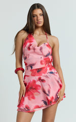 Claudia Mini Dress - Floral Halter Cowl Neck Flounce Dress in Pink Floral