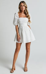Claudina Mini Dress - Linen Look Puff Sleeve Ruched Bodice Dress in White