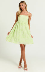 Claya Mini Dress - Sleeveless Straight Neckline Floral Detail Dress in Lime