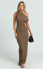 Clementine Maxi Dress - Tip Shoulder Ruched Bodycon Dress in Chocolate