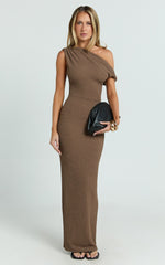 Clementine Maxi Dress - Tip Shoulder Ruched Bodycon Dress in Chocolate