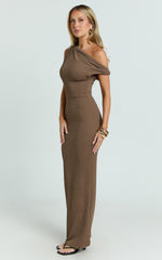 Clementine Maxi Dress - Tip Shoulder Ruched Bodycon Dress in Chocolate