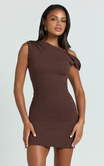 Clementine Mini Dress - Ribbed Off Shoulder Bodycon Dress in Chocolate