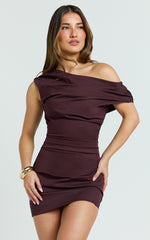 Cleo Mini Dress - Off Shoulder Ruched Bodycon Dress in Chocolate
