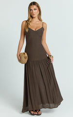 Collins Maxi Dress - V Neck Dropped Waist Gathered Maxi Dress in Chocolate