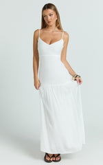 Collins Maxi Dress - V Neck Dropped Waist Gathered Maxi Dress in Off White