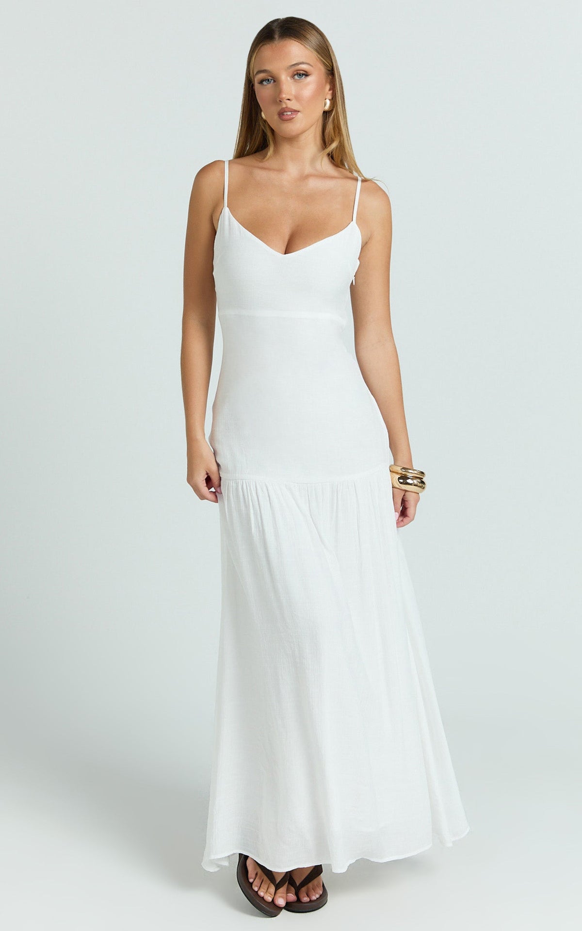 Collins Maxi Dress - V Neck Dropped Waist Gathered Maxi Dress in Off White