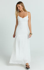 Collins Maxi Dress - V Neck Dropped Waist Gathered Maxi Dress in Off White