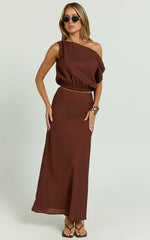 Collins Midi Skirt - Linen Look High Waisted Linen Look Bias Slip Skirt in Chocolate