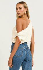 Collins Linen Blend Top - Draped Asymmetrical Neckline Top in Stone