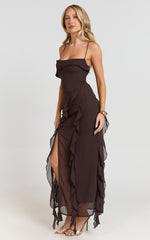 Connie Midi Dress - Ruffle Detail Dress in Chocolate