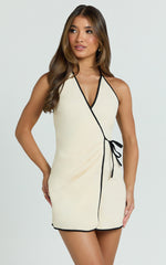 Connie Mini Dress - Linen Halter Neck Wrap Dress in Ecru