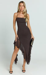 Constantina Midi Dress - Asymmetric Ruffle Tie Back Dress in Dark Chocolate