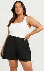 Ali Linen Blend Shorts - High Waisted Cuffed Shorts in Black