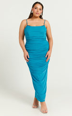 Rosalez Midi Dress - Strappy Ruched Bodycon Dress in Blue