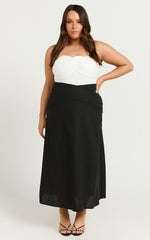 Sundry Midi Skirt - Linen High Waisted Cross Front Detail Skirt in Black