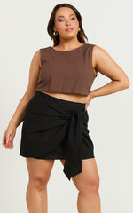 Zena Mini Skirt - Linen Front Tie Wrap Skirt in Black