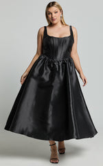 Courtney Midi Dress - Corset Panel Low Back Dress in Black