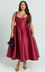 Courtney Midi Dress - Corset Panel Low Back Dress in Wine