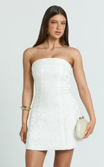 Courtney Mini Dress - Satin Paneled Strapless A Line Dress in White