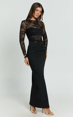 Crisanta Maxi Dress - Long Sleeve Contrast Lace Bodycon Dress in Black