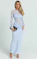 Crisanta Maxi Dress - Long Sleeve Contrast Lace Bodycon Dress in Pale Blue