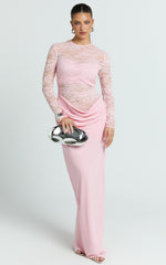 Crisanta Maxi Dress - Long Sleeve Contrast Lace Bodycon Dress in Pink